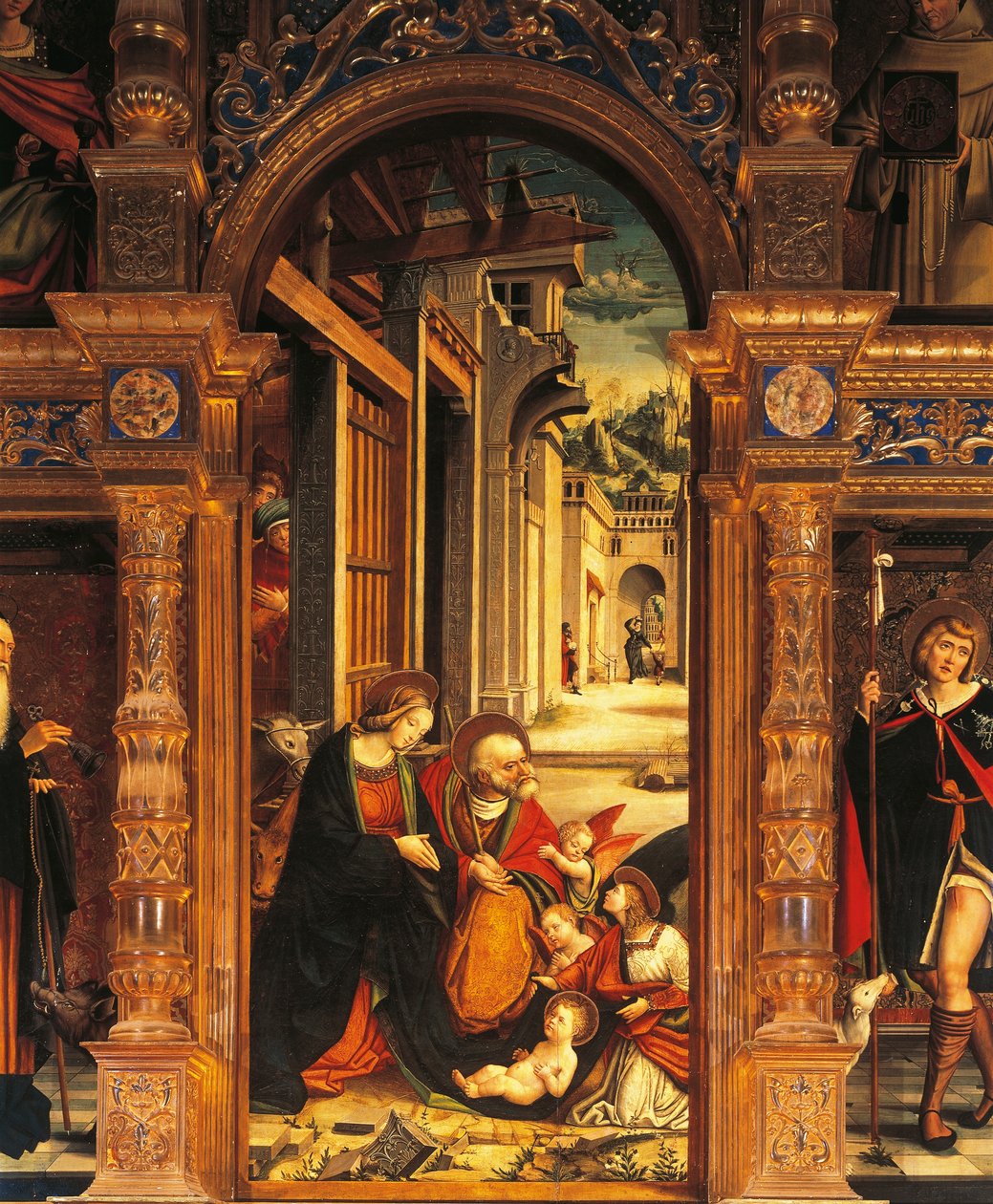 المهد ، تفاصيل من مذبح القرن السادس عشر ، بواسطة Defendente Ferrari (1480 أو 1485-1540) ، دير القديس أنتوني رانفيرسو ، بوتيجليرا ألتا ، إيطاليا بواسطة المدعى عليه فيراري