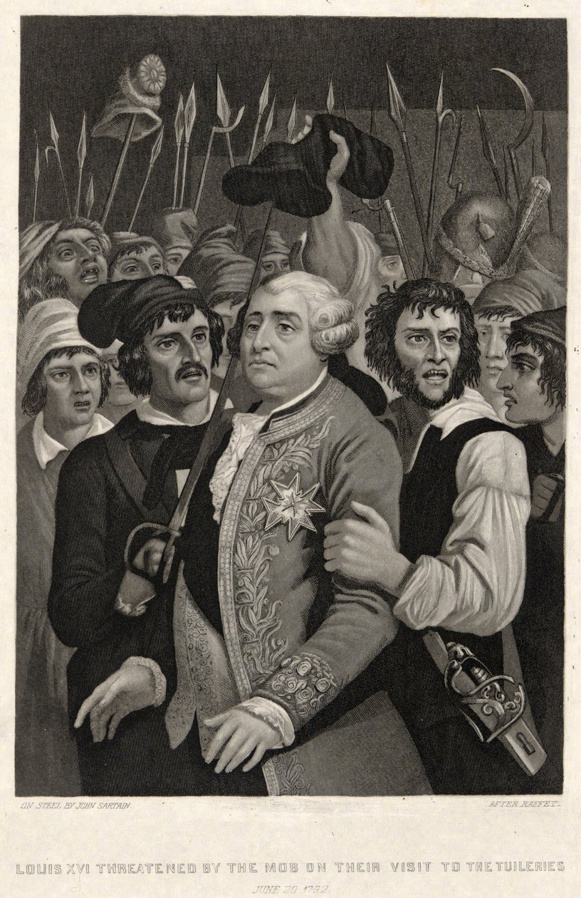 لويس السادس عشر مهددًا من قبل الغوغاء في زيارتهم إلى التويلري ، 20 يونيو 1792 ، نقش بواسطة جون سارتين (نقش) بواسطة دينيس أوغست ماري (بعد) رافت