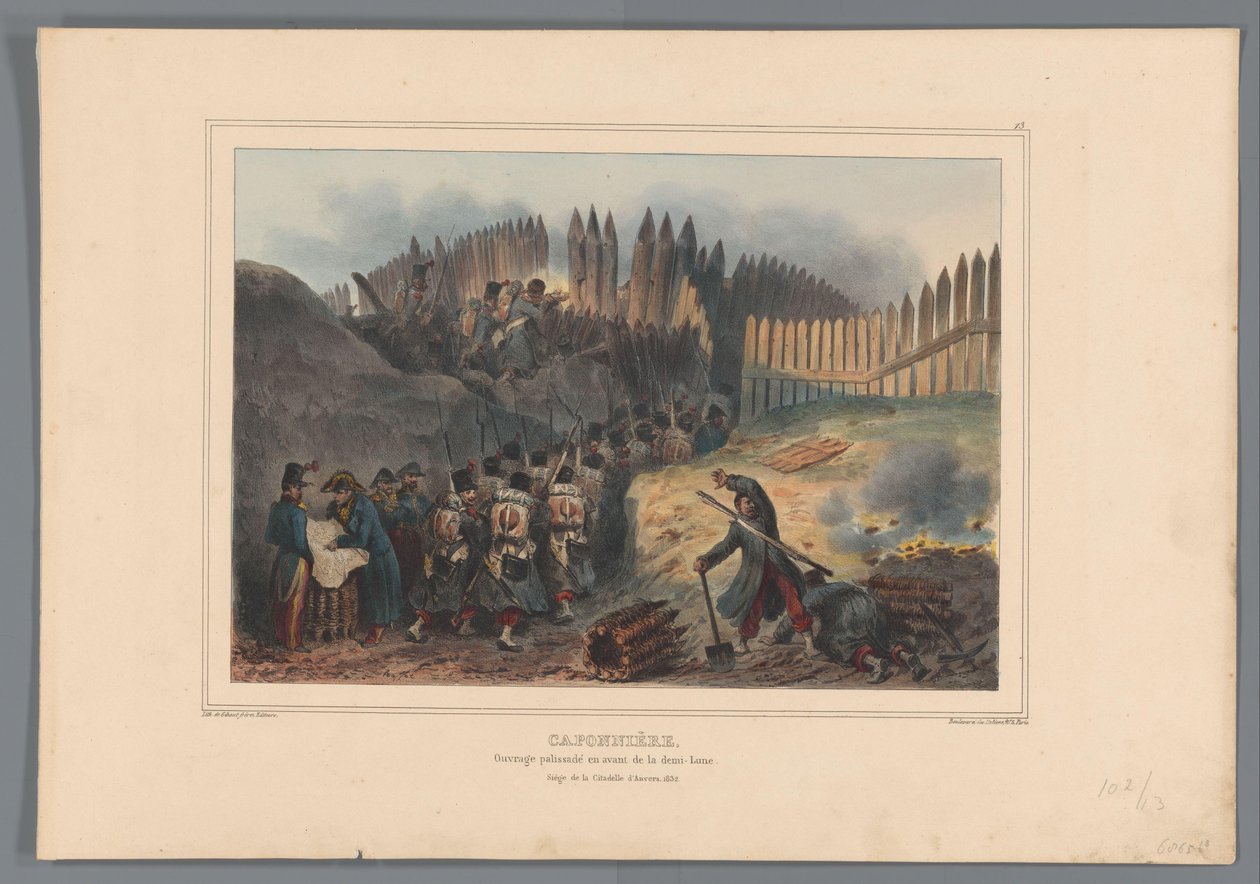مجموعة جندي تريكت باب إين الافتتاح في دي باليسيد ، 1832 Caponier ، عمل مطوي أمام نصف القمر (العنوان على الكائن) رسومات مصنوعة من الحياة في حصار قلعة أنتويرب بواسطة Raffet (عنوان السلسلة على الكائن) بواسطة دينيس أوجوست ماري رافت