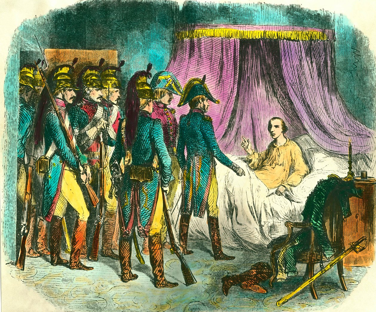 اعتقال لويس أنطوان هنري دي بوربون ، دوق إنغين (1772-1804) ، المشتبه بهم دون دليل على تآمرهم ضد القنصل الأول نابليون بونابرت. نقش دينيس أوغست رافيت (1804-1860) القرن التاسع عشر. مجموعة خاصة بواسطة دينيس أوجوست ماري رافت