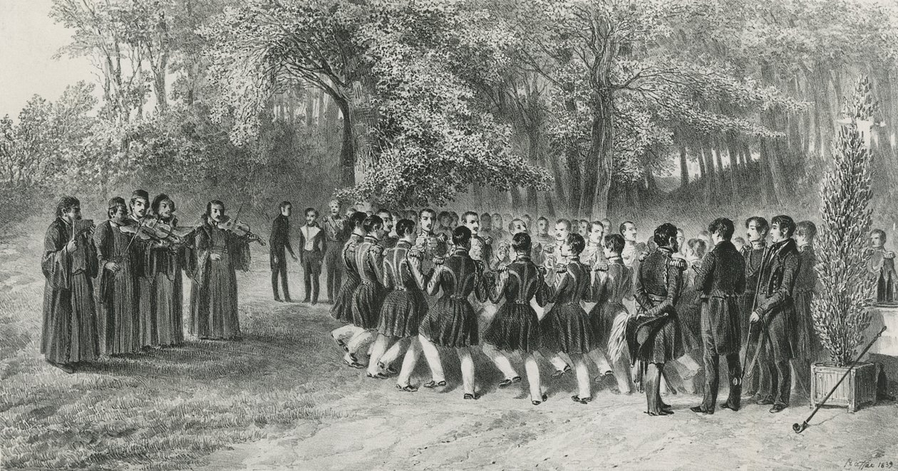 جولة Wallachian ، التي يؤديها Tsiganes ورقصها موسيقيو الفوج الثاني في منزل الأمير Ghika ، Ghospodar ، Wallachia ، 1839 بواسطة دينيس أوجوست ماري رافت