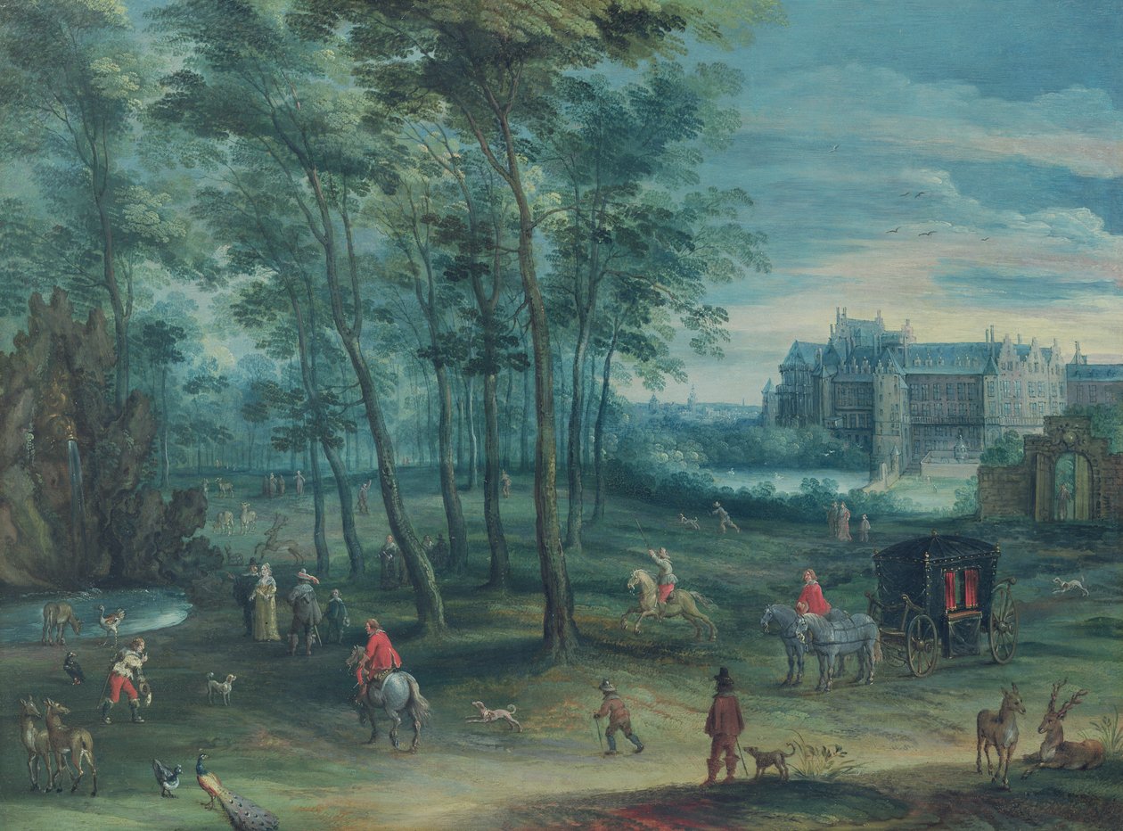 منتزه قصر فايسرغال ، بروكسل ، مع شركة أنيقة بجوار نافورة ، c.1600 (زيت على النحاس) بواسطة دينيس فان السلوت