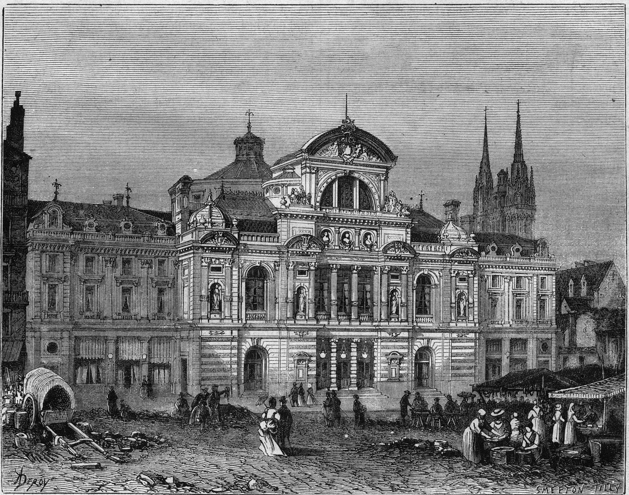 منظر خارجي لمسرح أنجيه الكبير ، اكتمل عام 1871 وفقًا لخطط المهندس المعماري لوسيان بوتريل. مين إت لوار (49) بواسطة ديروي (بعد)