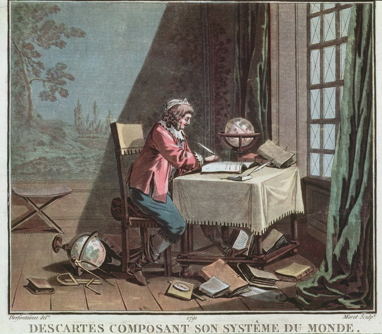 رينيه ديكارت (1596-1650) يكتب نظامه العالمي ، محفورًا جان بابتيست موريه (fl.1790-1820) ، 1791 بواسطة Desfontaines