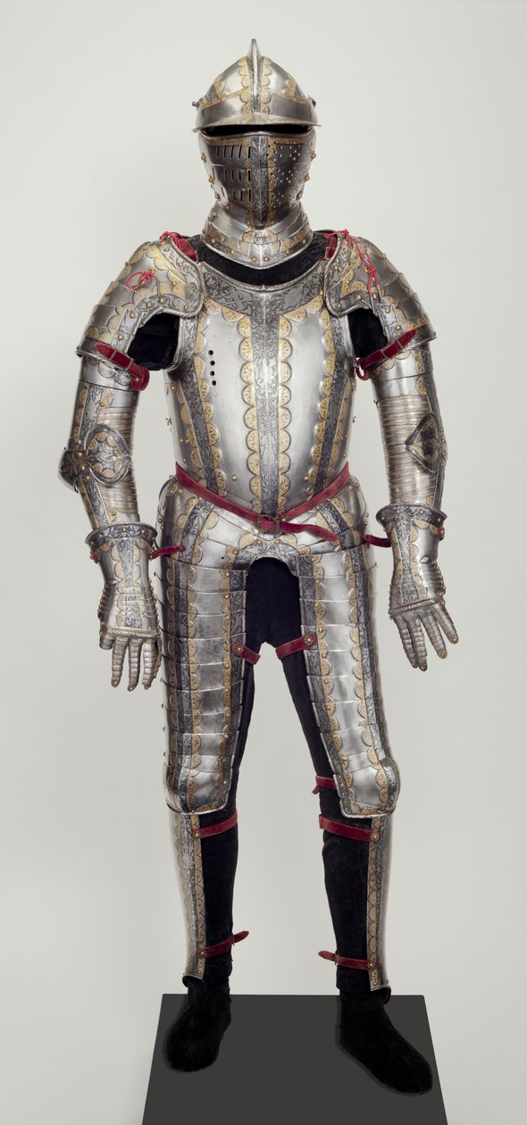 Field Armour, from a Garniture, probably made for Ludwig Ungnad von Weissenwolf auf Sunegg, c.1552 (steel with embossed, etched, blackened & gilded decoration, with modern brass, velvet, leather & steel) بواسطة ديزيديريوس هيلمشميد