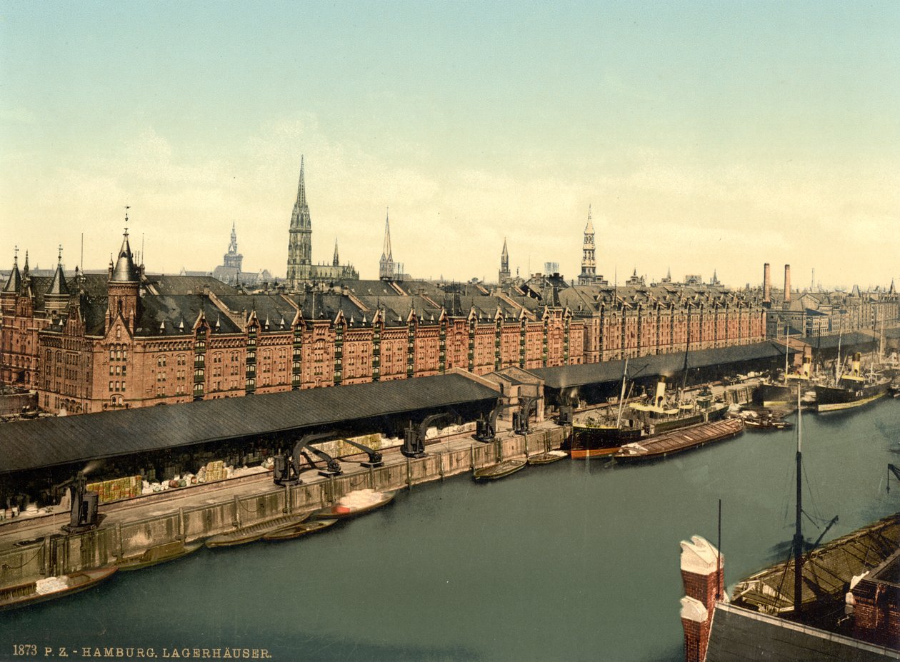 مستودعات في أرصفة ، هامبورغ ، ألمانيا ، Photochrome Print ، c.1900 بواسطة شركة ديترويت للنشر