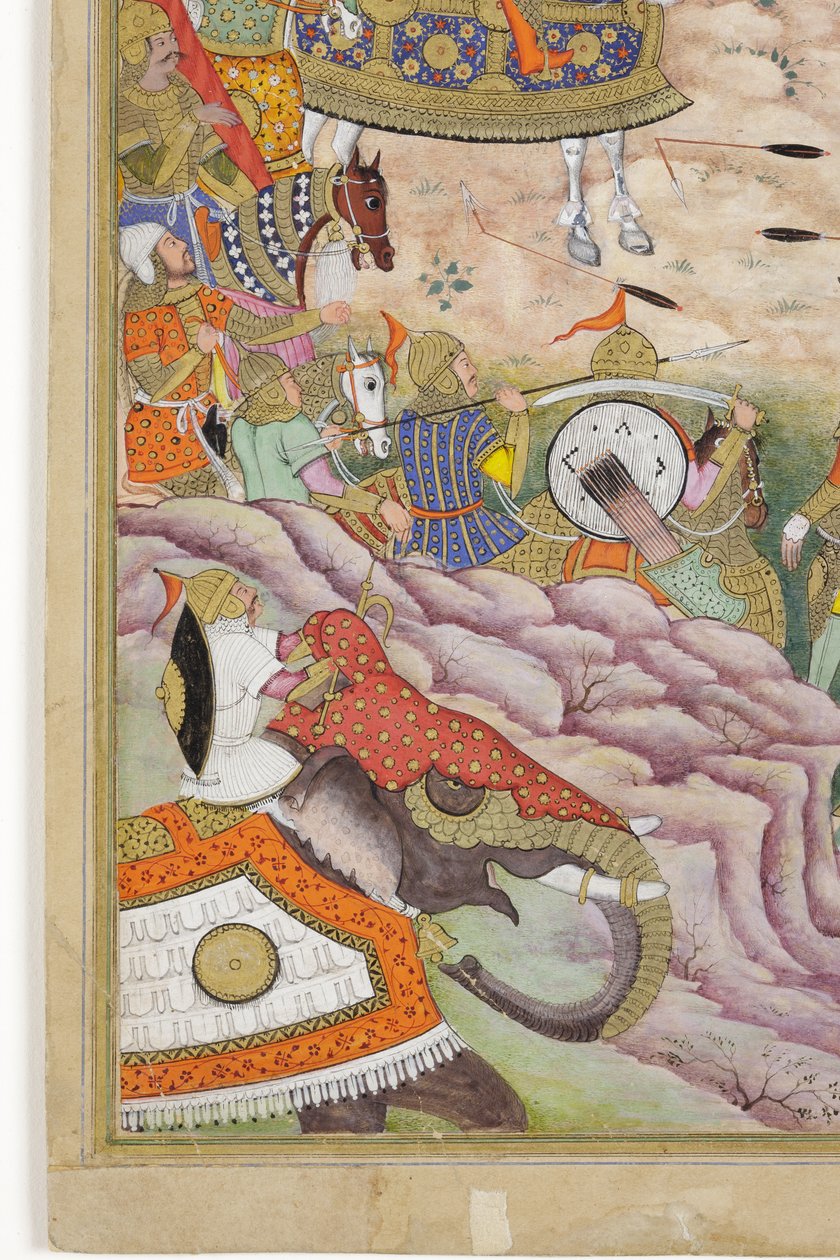 التفاصيل من قوات بابور تأخذ القلعة في كابول ، c.1590-1600 (مرحاض غير شفاف وذهب على الورق) بواسطة دانو ، و Dharmdas Farrukh