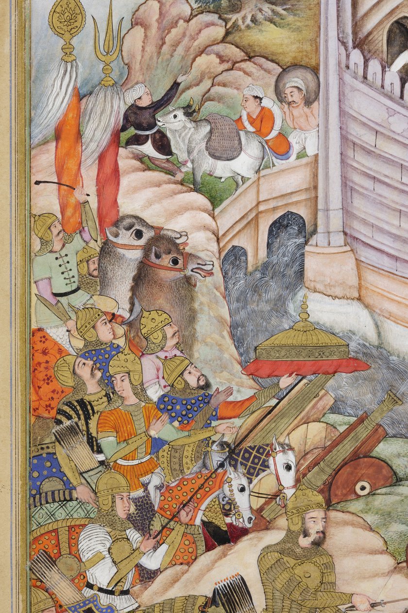 التفاصيل من قوات بابور تأخذ القلعة في كابول ، c.1590-1600 (مرحاض غير شفاف وذهب على الورق) بواسطة دانو ، و Dharmdas Farrukh