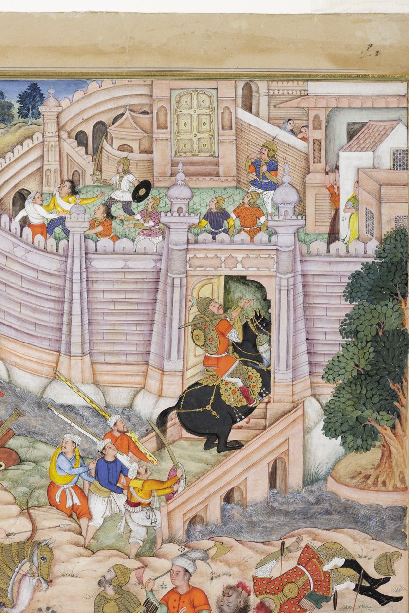 التفاصيل من قوات بابور تأخذ القلعة في كابول ، c.1590-1600 (مرحاض غير شفاف وذهب على الورق) بواسطة دانو ، و Dharmdas Farrukh