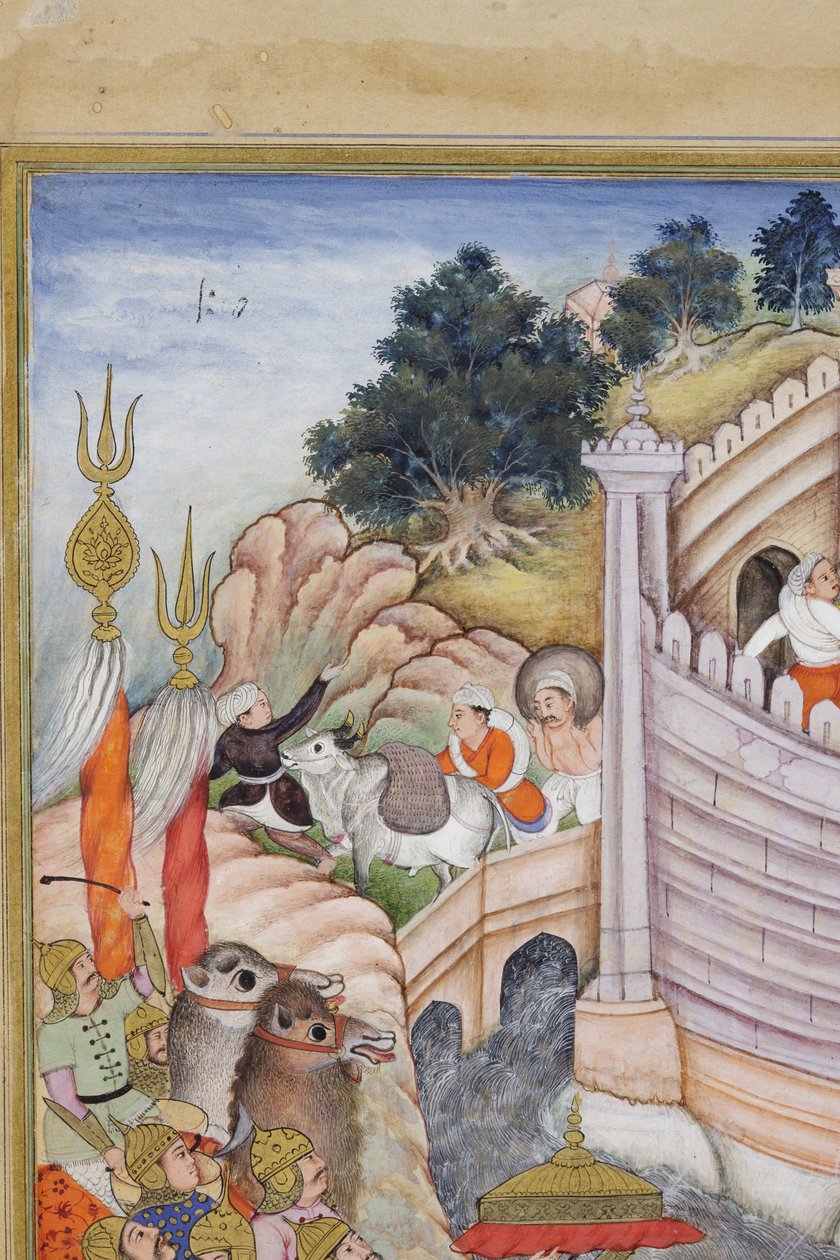 التفاصيل من قوات بابور تأخذ القلعة في كابول ، c.1590-1600 (مرحاض غير شفاف وذهب على الورق) بواسطة دانو ، و Dharmdas Farrukh