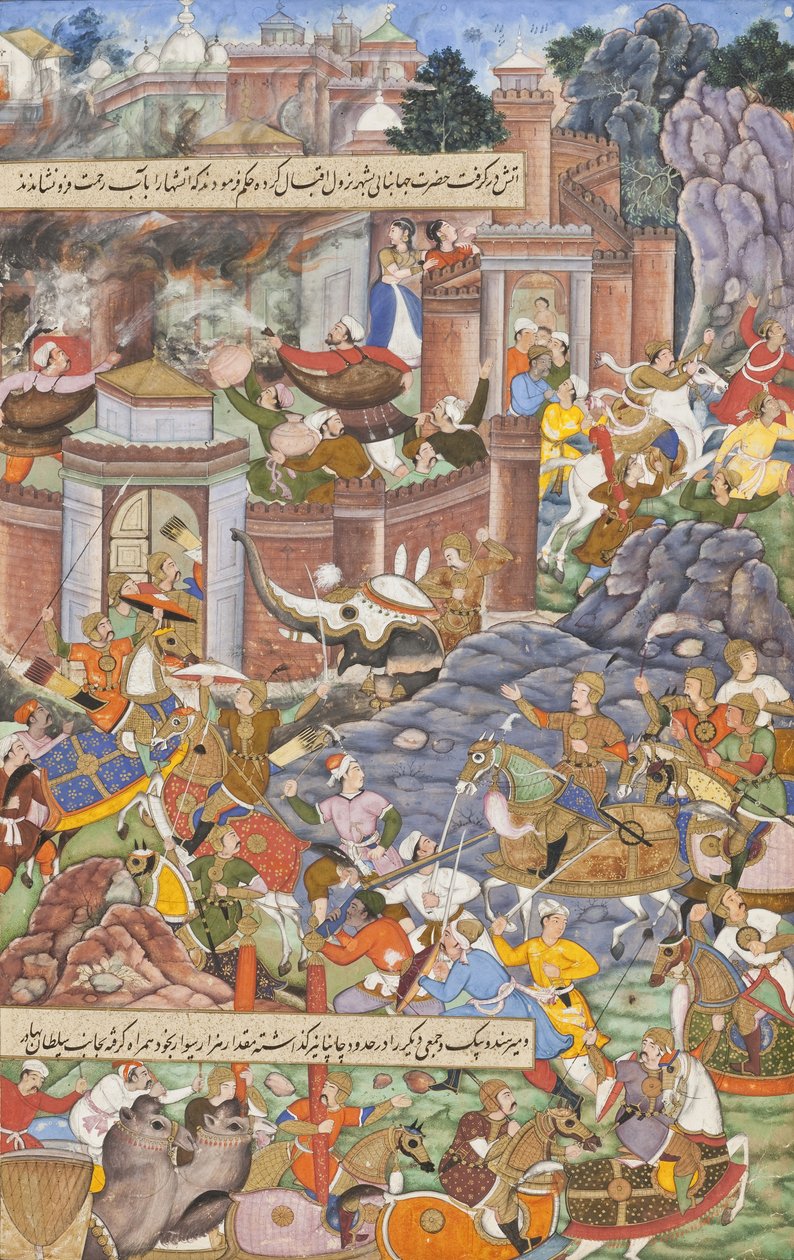 رحلة السلطان بهادور خلال حملة همايونز 1535 في غوجارات ، ج .1590 (ألوان مائية غير شفافة وذهبية وحبر على ورق) بواسطة Dharmdas Dharmdas
