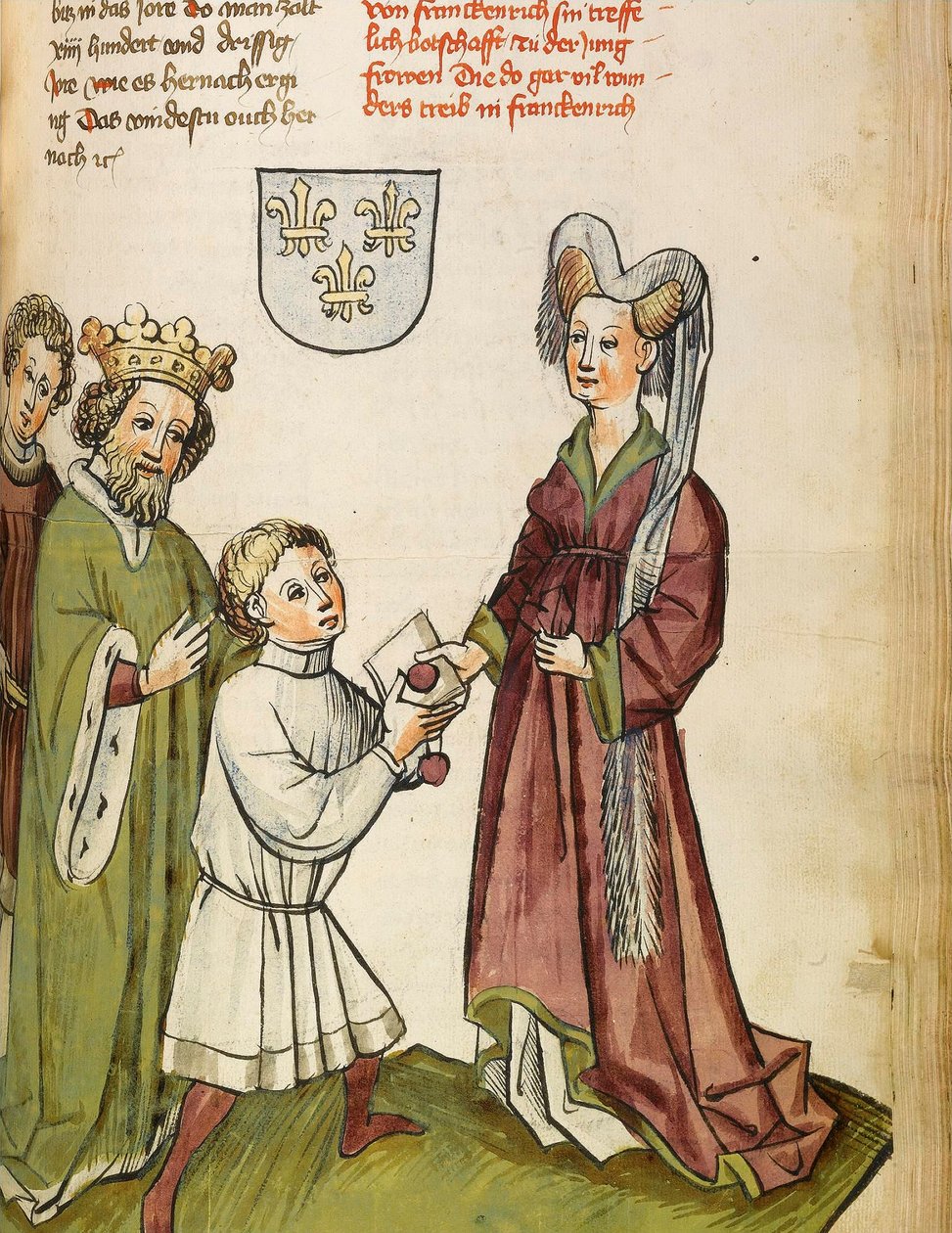 حرب المائة عام (1337-1453): التقى سيجيسموند الأول من الإمبراطورية المقدسة (الإمبراطورية المقدسة) (1368-1437) مع جان دارك (1412-1431) - الإمبراطور سيغيسموند قبل جان دارك - ورشة ديبولد المصغرة لاوبر (قبل 1427- بعد 1471) من "" Le livre de بواسطة ديبولد (ورشة عمل) لاوبر