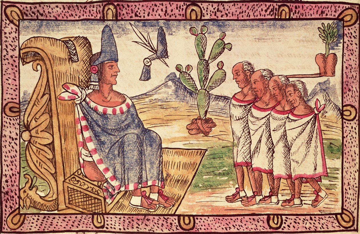 الورقة ١٥٦ ظ مونتيزوما الثاني (١٤٦٦-١٥٢٠) ومبعوثوه للغزاة الأسبان ، 1579 بواسطة دييغو دوران