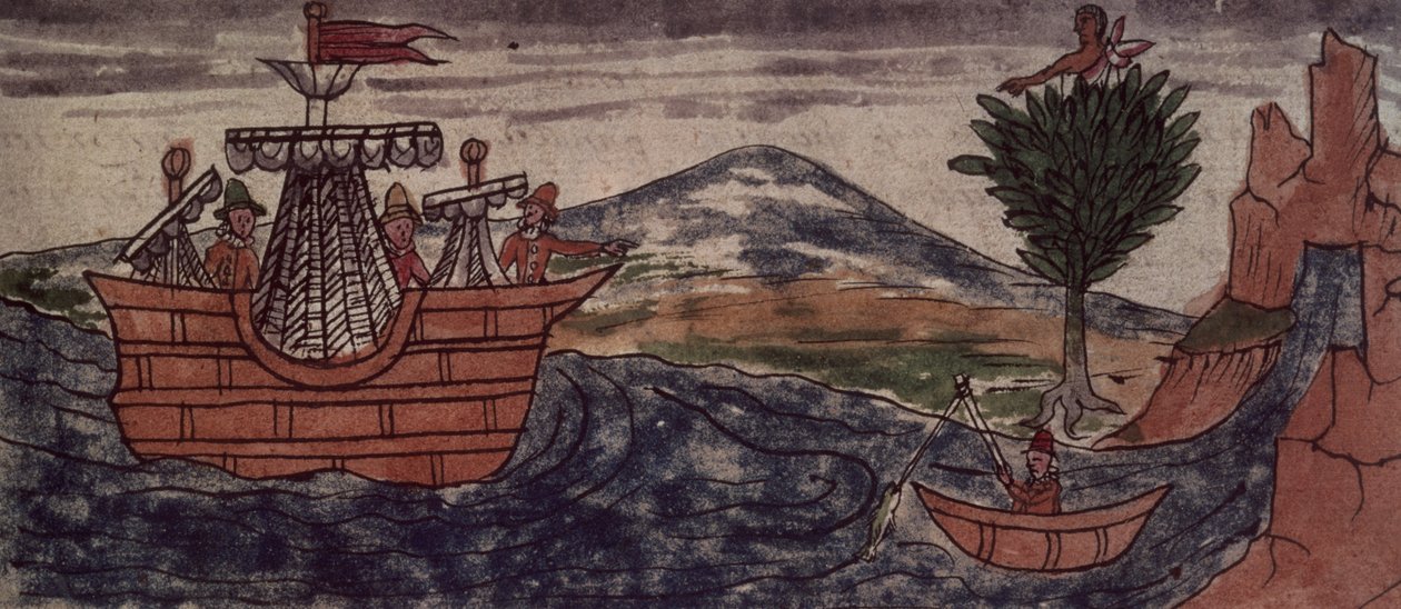 Fol.197v جاسوس هندي يلاحظ وصول سفينة إسبانية على الساحل المكسيكي ، 1579 بواسطة دييغو دوران