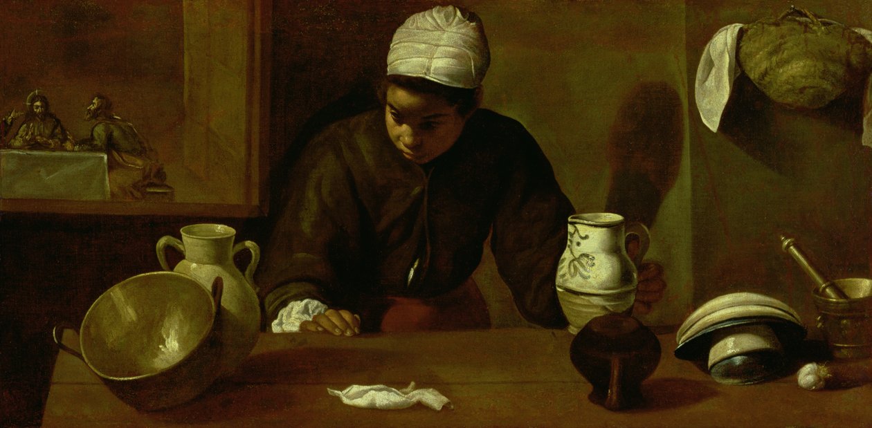 خادمة المطبخ مع العشاء في عمواس ، c.1618 بواسطة دييجو فيلاسكيز