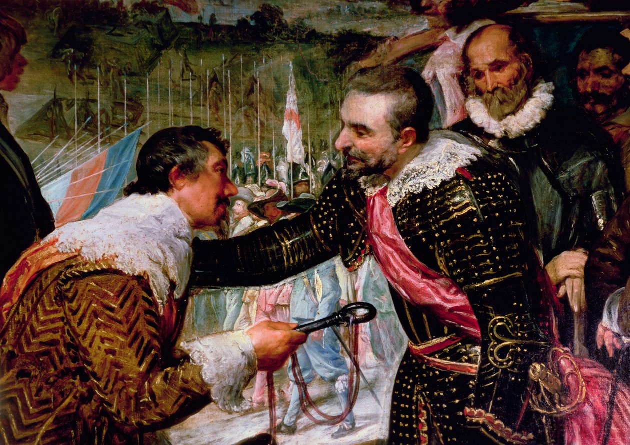 استسلام بريدا (1625) ، تفاصيل تسليم جوستين دي ناسو المفاتيح إلى أمبرواز سبينولا (1569-1630) في 5 يونيو 1625 ، ج .1635 (تفاصيل 30730) بواسطة دييجو فيلاسكيز