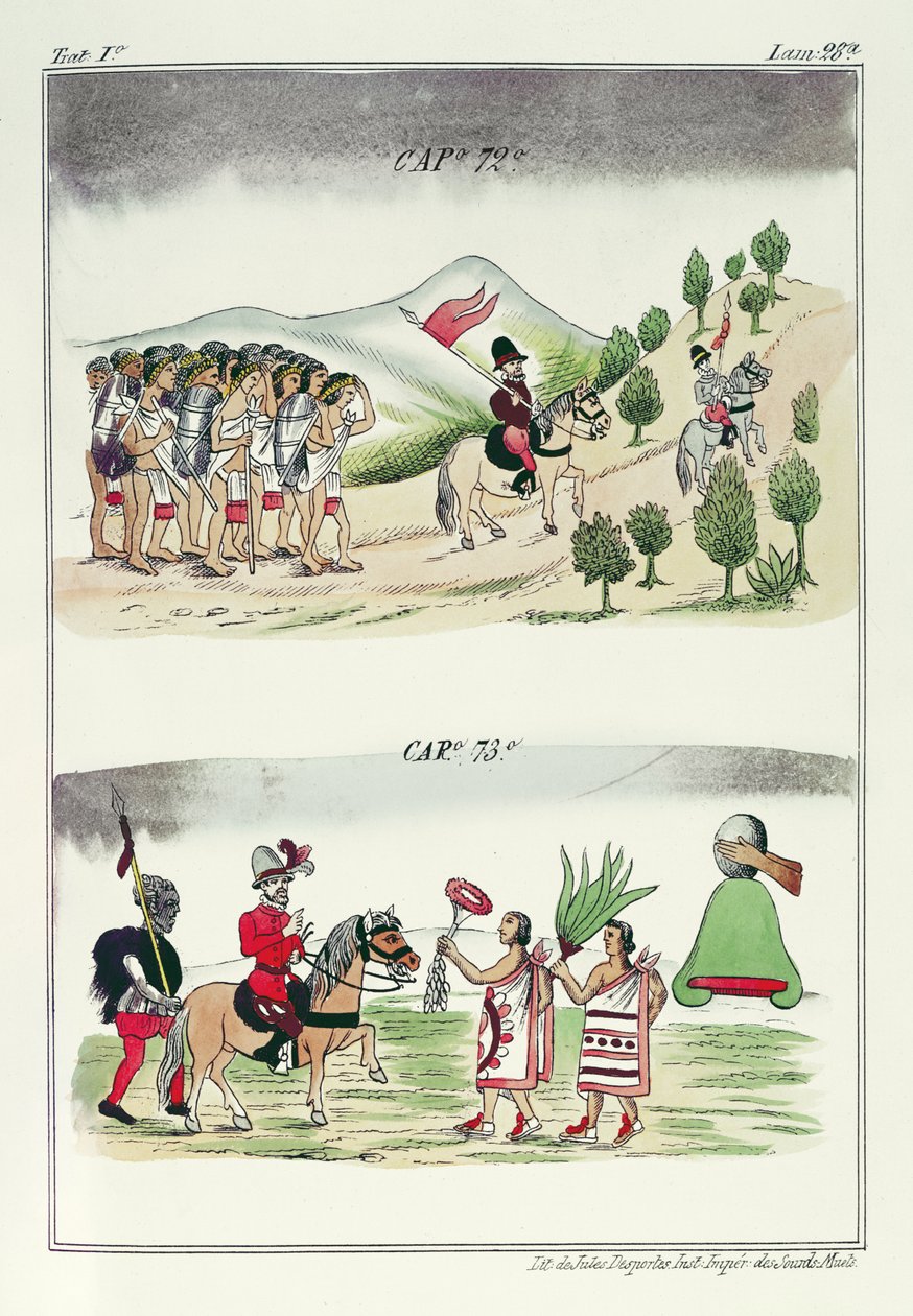 Cap 72 و Cap 73 ، رسوم توضيحية من "تاريخ جزر الهند الجديدة في إسبانيا وجزر البر الرئيسي" ، مع لوحات لجول ديسبورتس ، المكسيك ، 1867-1880 بواسطة دييغو دوران