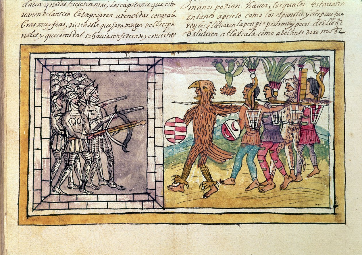 Codex Duran: Pedro de Alvarado (c.1485-1541) رفيق في ذراع هيرناندو كورتيس (1485-1547) محاصر من قبل محاربي الأزتيك بواسطة دييغو دوران