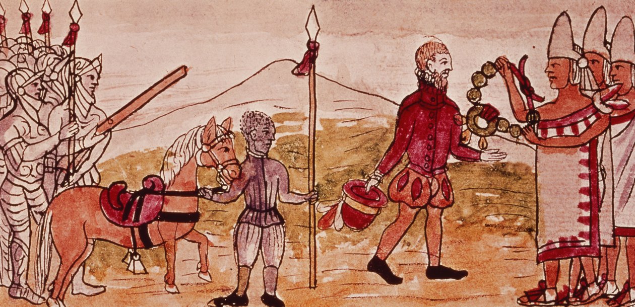 Fol.208v اجتماع هيرناندو كورتيس (1485-1547) ومونتيزوما (1466-1520) ، صورة مصغرة من "تاريخ الهنود" بقلم دييغو دوران ، 1579 (تفاصيل 227180) بواسطة دييغو دوران