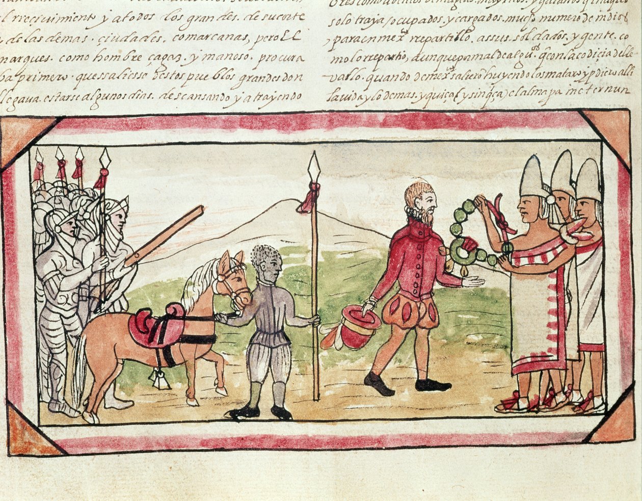 Fol.208v اجتماع هيرناندو كورتيس (1485-1547) ومونتيزوما (1466-1520) ، صورة مصغرة من "تاريخ الهنود" لديغو دوران ، 1579 بواسطة دييغو دوران