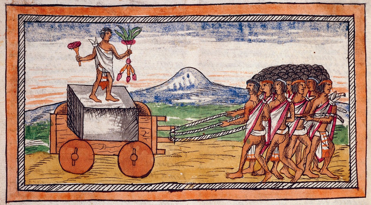 نقل الأزتيك الحجارة لبناء مدنهم ، لوحة مائية ممتدة من تاريخ جزر الهند بقلم دييغو دوران (1537-1588) ، مخطوطة ، وجه الصحيفة 188 بواسطة دييغو دوران