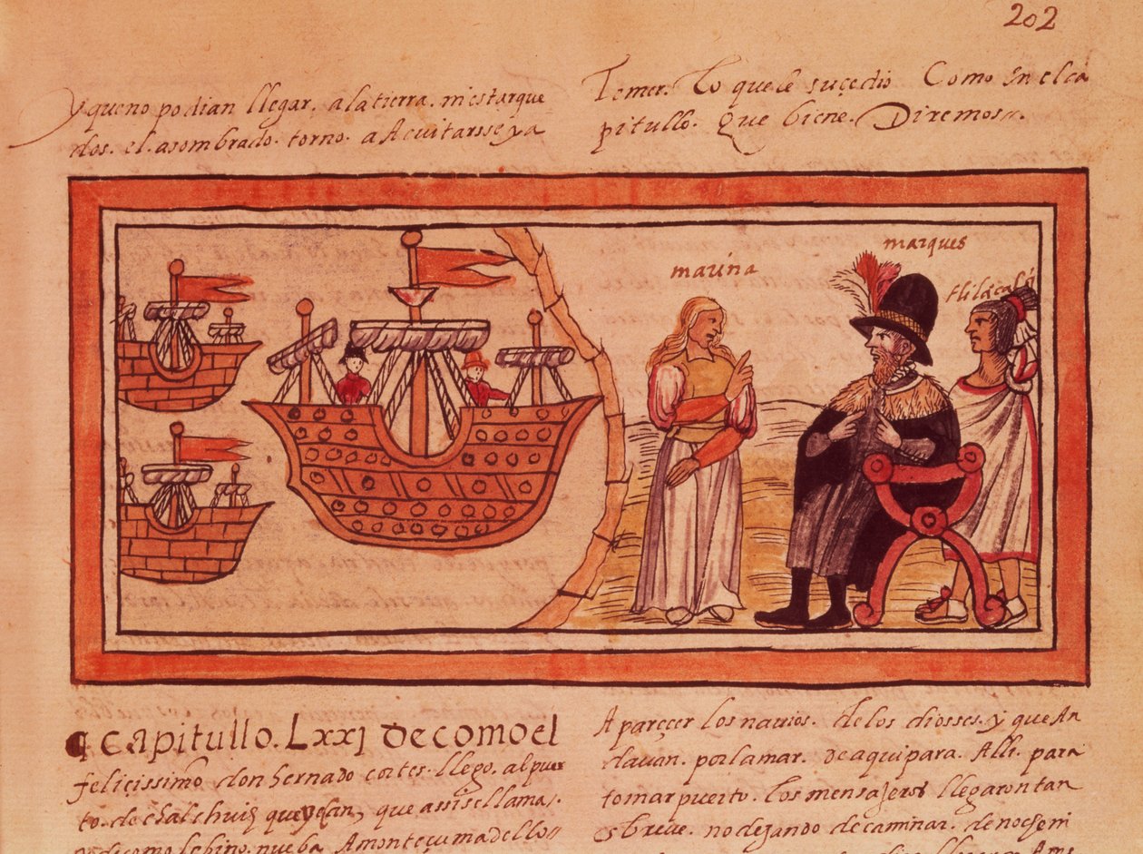 الأميرة الهندية مالينشي أو دونا مارينا ، عشيقة هيرناندو كورتيس (1485-1547) تترجم له بواسطة دييغو دوران