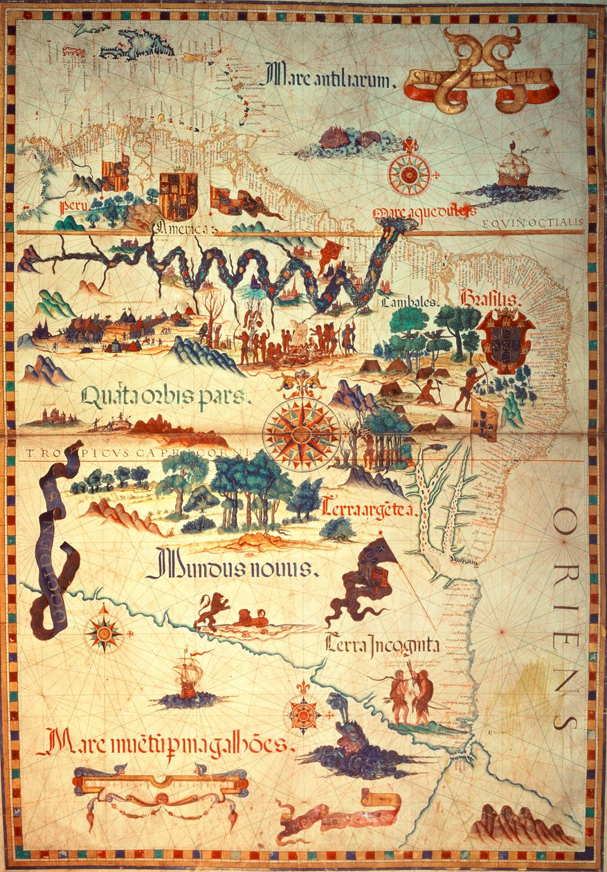 أضف 5415A f.23v-24 Atlas بقلم دييغو هوميم من أمريكا الجنوبية ، يُظهر الهنود في مستوطناتهم ، معسكر قوة المشاة الإسبانية ورجال في درع ، حوالي 1558 بواسطة دييغو هوميم
