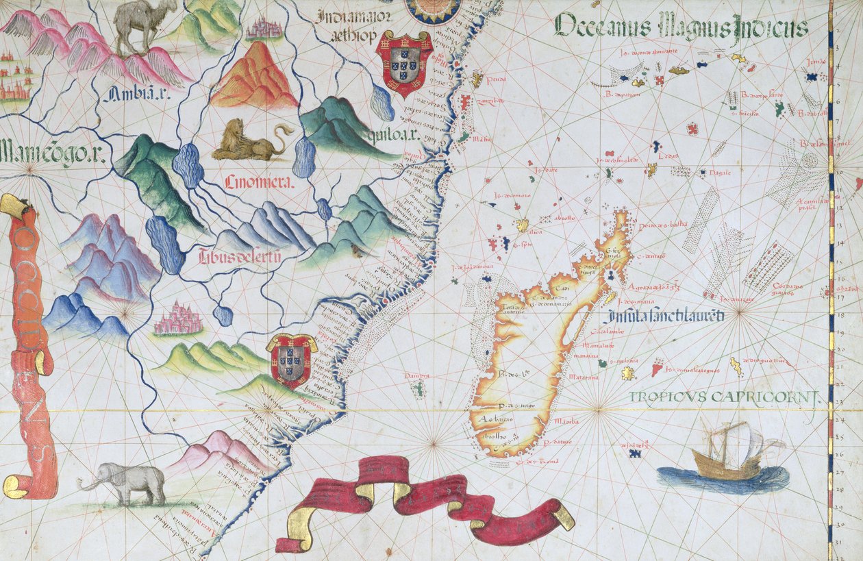 مدغشقر وساحل شرق إفريقيا ، تفاصيل من أطلس عالمي ، 1565 بواسطة دييغو هوميم