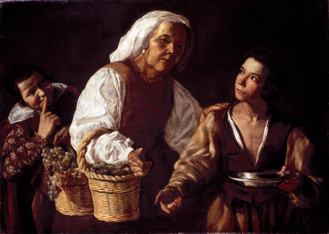 الصبيان والمرأة العجوز الفاكهة أو بائع الفاكهة القديم (Dos muchachos y vieja con fruta o La vieja frutera). لوحة دييغو رودريغيز لسيلفا فيلاسكيز (فيلاسكيز بواسطة دييجو رودريغيز دي سيلفا واي (من Attr. To) Velazquez