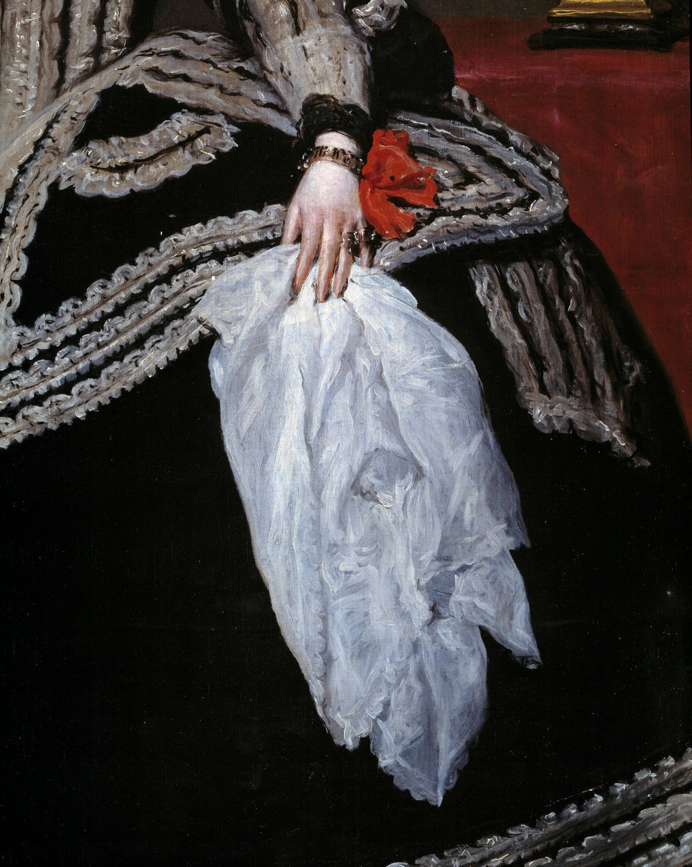 يد ووشاح تفاصيل صورة الملكة ماري آن (ماريان) من النمسا (1634-1696) ، زوجة فيليب الرابع "لوحة رسمها دييغو فيلاسكيز (1599-1660) مدريد ، متحف برادو في القرن السابع عشر بواسطة دييجو فيلاسكيز