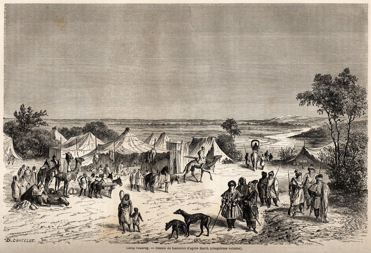 معسكر طوارق ، رسمه لانسلوت ، لتوضيح رحلة الدكتور هنري بارث إلى وسط إفريقيا من عام 1849 إلى 1855. نقش في "" حول العالم ، مجلة سفر جديدة "" باريس بواسطة ديودون أوغست لانسلوت