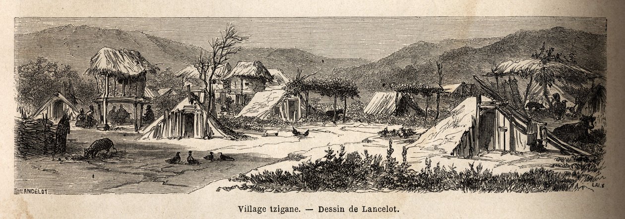 في قرية الغجر. نقش لتوضيح الرحلة من باريس إلى بوخارست ، بواسطة لانسلوت ، رسام ، في عام 1860 ، نُشر في "Le tour du monde ، nouveau journal des voyages" ، تحت إشراف إدوارد شارتون بواسطة ديودون أوغست لانسلوت