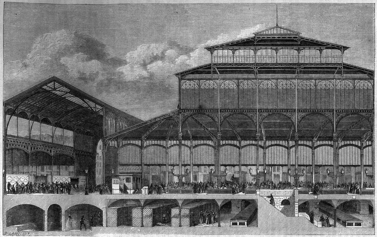 مقطع عرضي من Halles de Paris عام 1862. نقش بواسطة Lancelot في "" Le Magasin الخلابة "" بواسطة ديودون أوغست لانسلوت