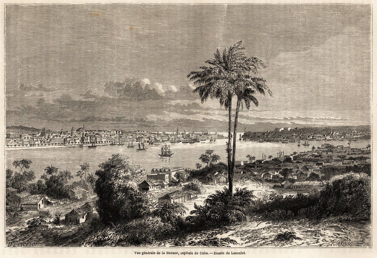 منظر عام لهافانا ، عاصمة كوبا ، رسمه لانسلوت لتوضيح الرحلة إلى جزيرة كوبا ، في عام 1859 ، بواسطة ريتشارد دانا (1815-1882). نقش في "" Le tour du monde، nouveau journal des voyages "" باريس بواسطة ديودون أوغست لانسلوت
