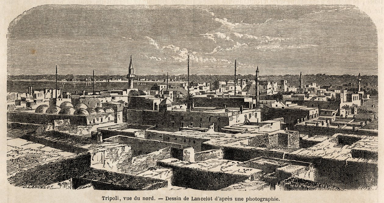 منظر عام لطرابلس ، رسمه لانسلوت ، لتوضيح ممرات طرابلس ، في عام 1860 ، في البارون دي كرافت. نقش في "" Le Tour du monde "" 1861. مجموعة سيلفا. بواسطة ديودون أوغست لانسلوت