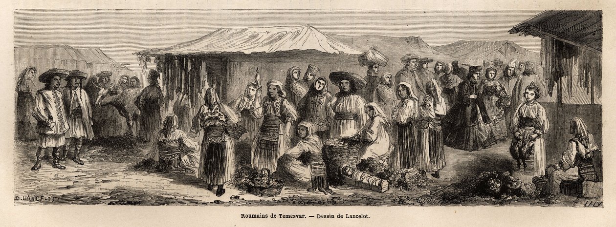 The walking population of Tesmevar (or Timisoara) in Romania. Engraving to illustrate the voyage from Paris to Bucharest, by Lancelot, draftsman, in 1860, published in “Le tour du monde, nouveau journal des voyages”, under the direction of Edouard Charton بواسطة ديودون أوغست لانسلوت