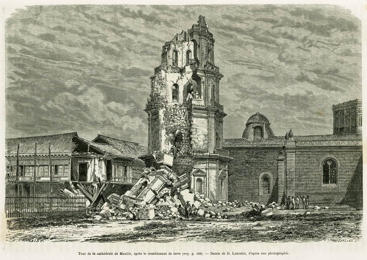 برج كاتدرائية مانيلا ، بعد الزلزال في 18 يوليو 1880. نقش لانسلوت لتوضيح قصة Lucon and Palaouan ، ست سنوات في الفلبين ، بقلم ألفريد ماركي بواسطة ديودون أوغست لانسلوت