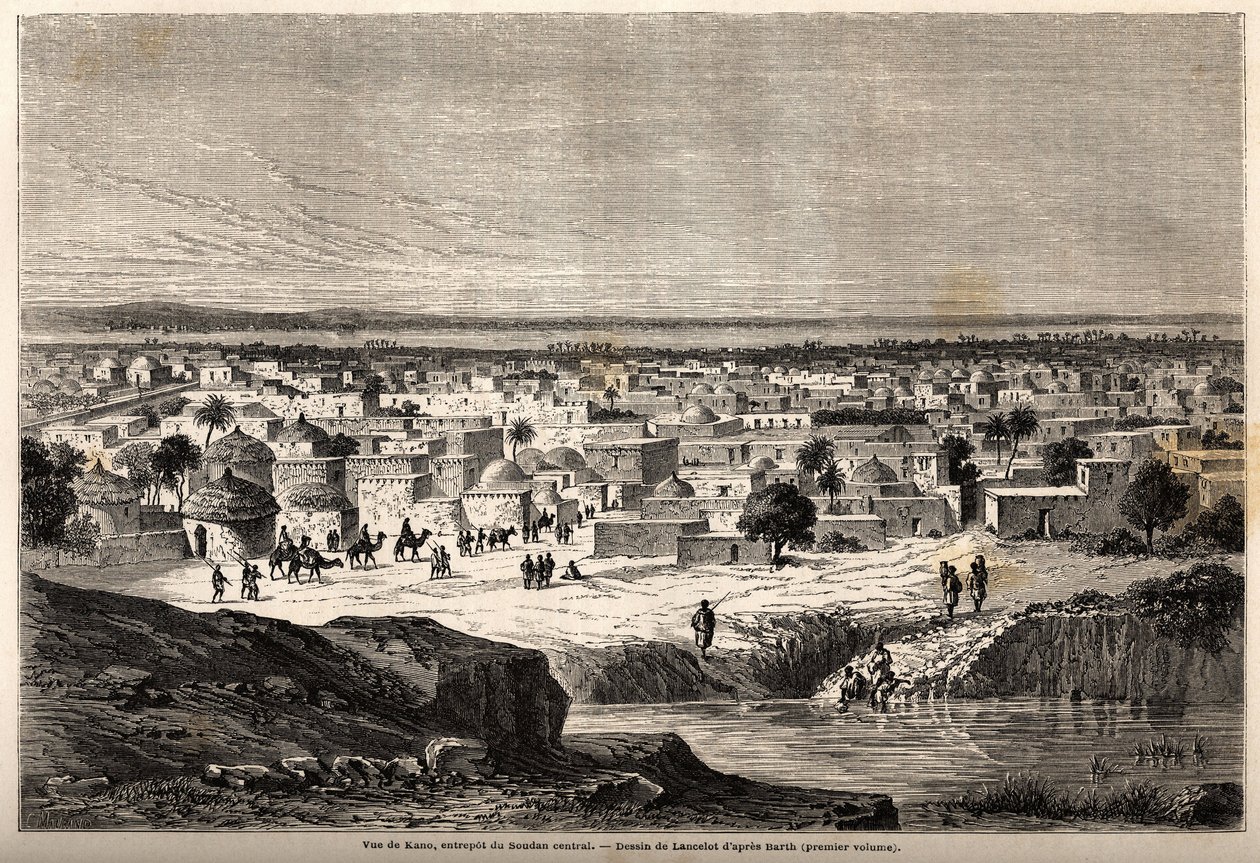 منظر كانو (مدينة وولاية شمال نيجيريا الحالية) ، مستودع وسط السودان ، رسمه لانسلوت ، لتوضيح رحلة الدكتور هنري بارث في الفترة من 1849 إلى 1855 إلى وسط إفريقيا. نقش في "" Le Tour du monde، nouveau journal des voyages "" بواسطة ديودون أوغست لانسلوت