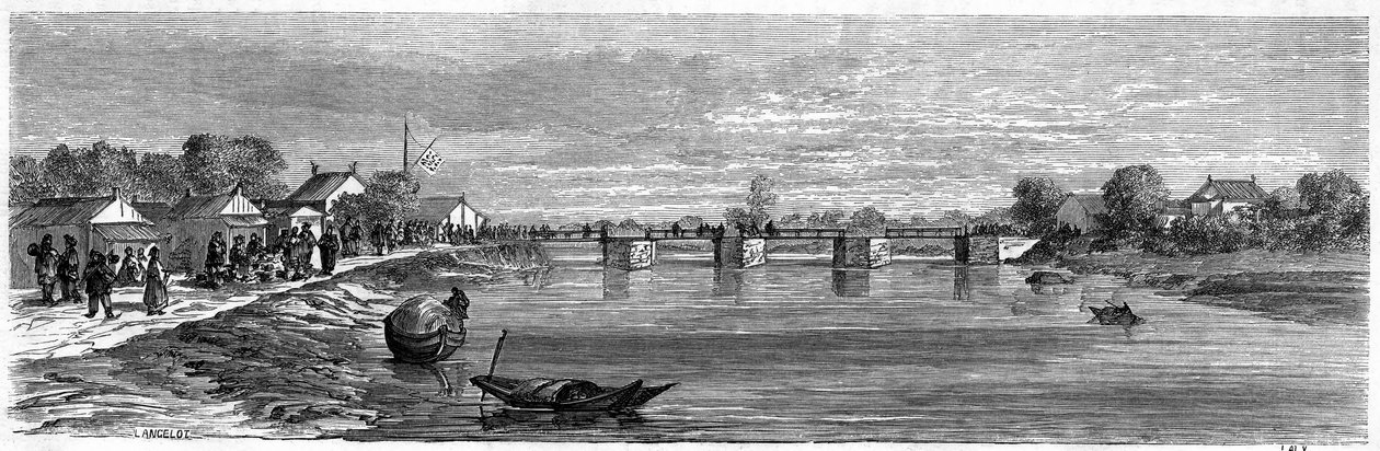 منظر للجسر فوق نهر سوتشو بالقرب من شنغهاي في عام 1860 ، الصين. نقش لانسلو ، في "" Le Tour du Monde ، Nouveau journal des Voyages "، تحرير إدوارد شارتون ، باريس بواسطة ديودون أوغست لانسلوت