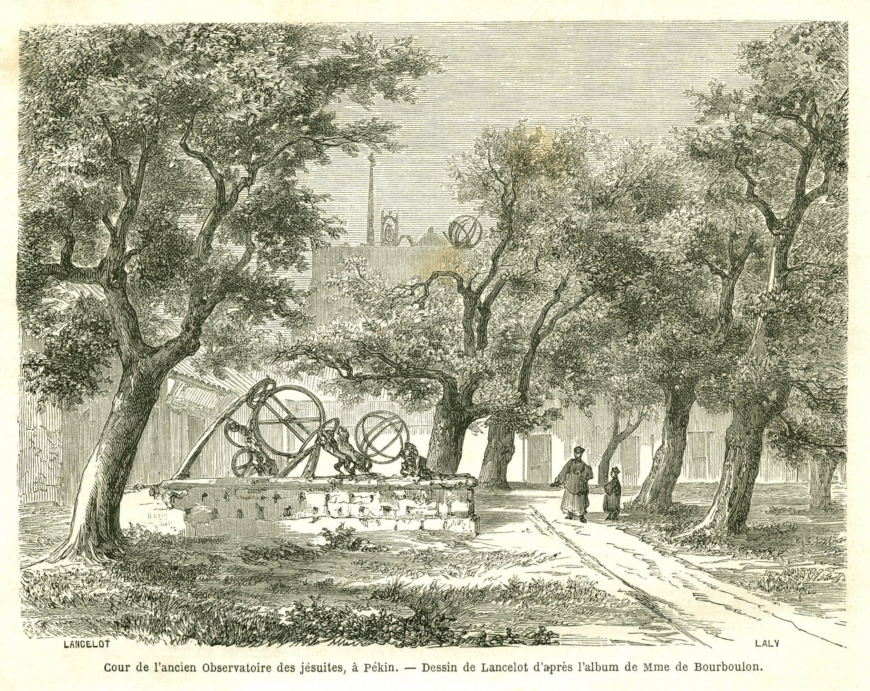 View of the courtyard of the former Jesuit Observatory in Pekin (Beijing), China. Engraving by Lancelot, in “” Le Tour du Monde, Nouveau journal des Voyages””, edited by Edouard Charton, Paris بواسطة ديودون أوغست لانسلوت