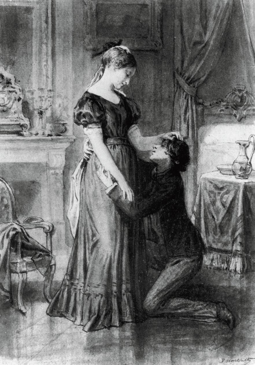 رسم توضيحي لاعتراف طفل القرن ، رواية ألفريد دي موسيت (1810-1857) ، نقش بعد الرسم بواسطة ديوجين يوليسي نابليون مايلرت (1840-1926) بواسطة Diogene Ulysse Napoleon Maillart