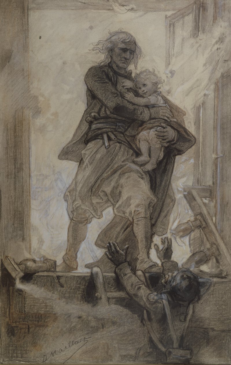 ماركيز لانتيناك ينقذ طفلاً ، توضيح من Quatre-vingt-treize بواسطة Victor Hugo (1802-85) (قلم رصاص ، قلم تلوين وغواش على ورق) بواسطة Diogene Ulysse Napoleon Maillart