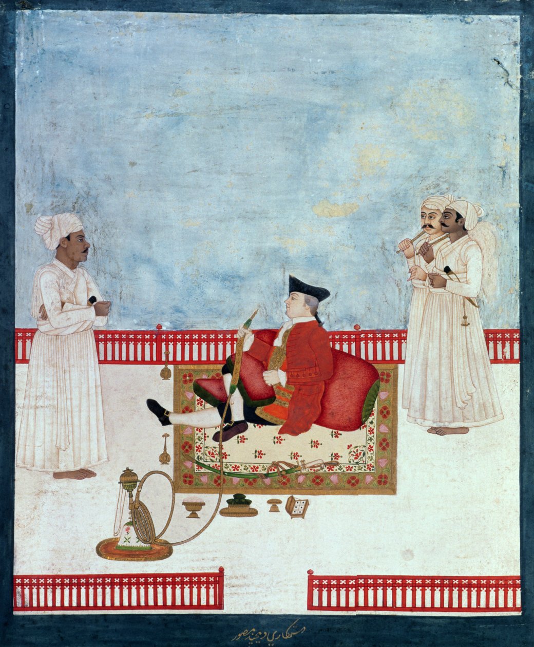 أوروبي يجلس على شرفة مع الحاضرين ، c.1760-63 (المنمنمات الهندية) بواسطة تراجع تشاند