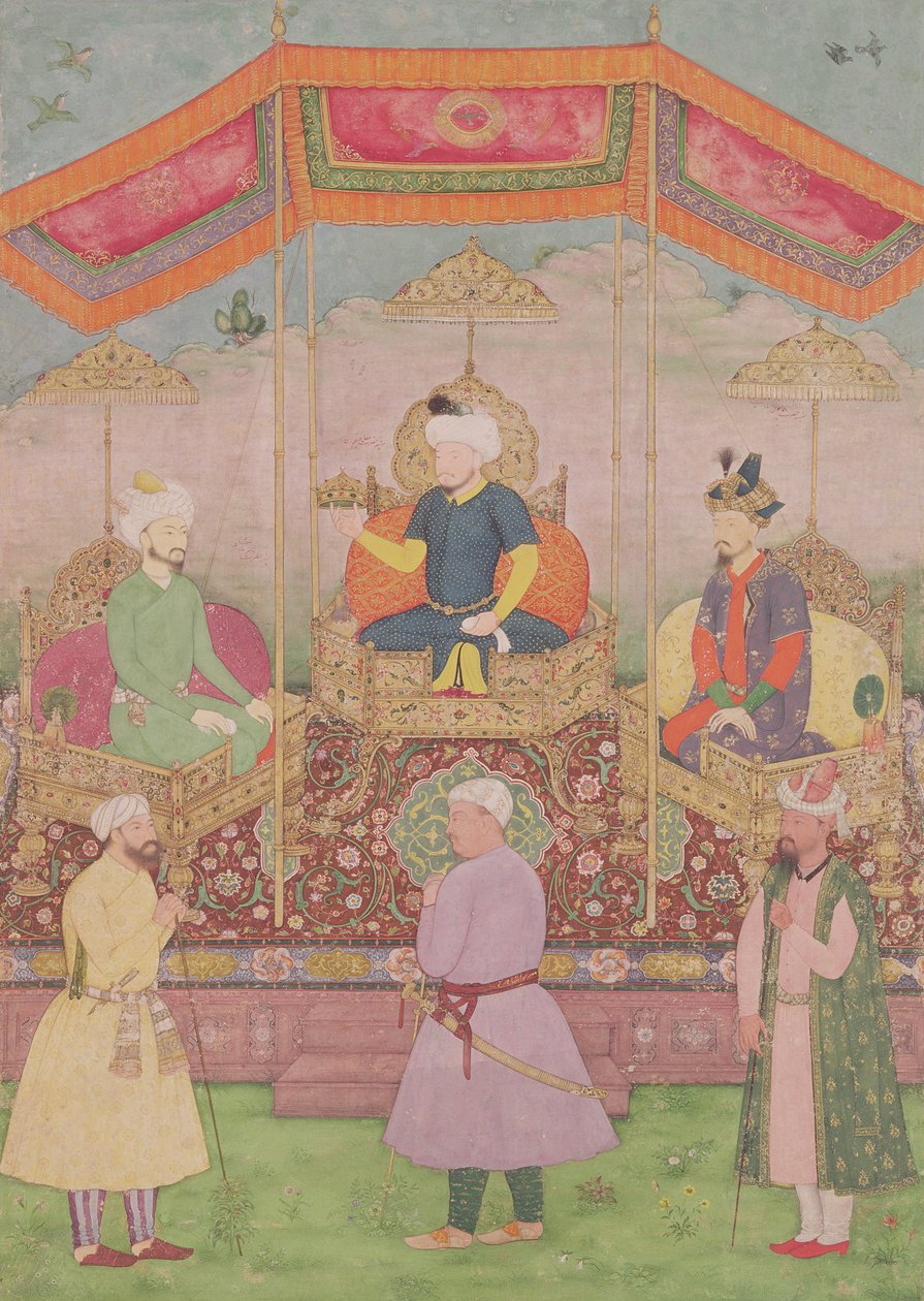 الإمبراطور المغولي بابور وابنه ، همايان ، المنمنمات الهندية من راجستان ، القرن السادس عشر بواسطة تراجع تشاند