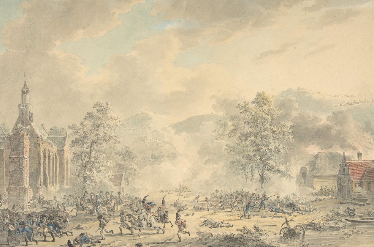 مشهد معركة مع الكنيسة على اليسار ، كاليفورنيا. 1790-1800. بواسطة ديرك لانجينديك
