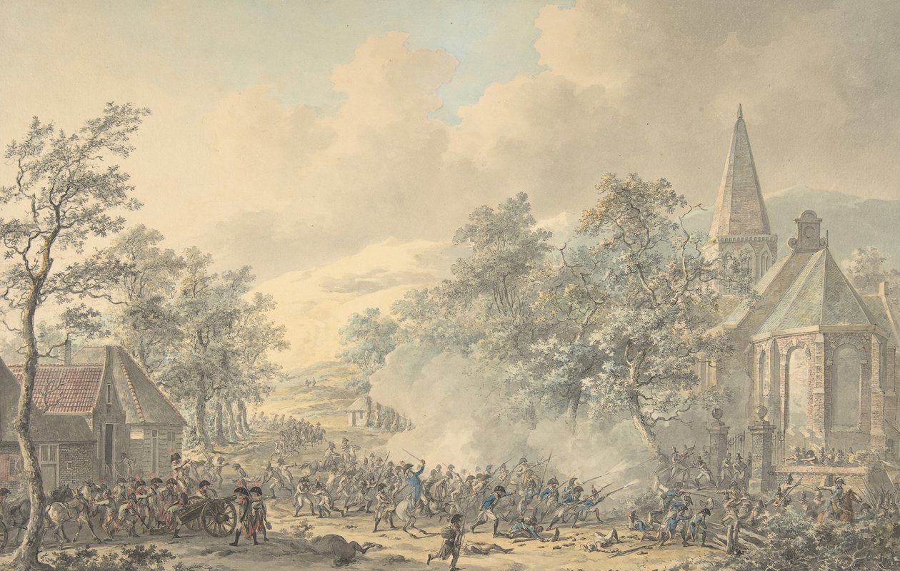 مشهد معركة مع الكنيسة على اليمين ، كاليفورنيا. 1790-1800. بواسطة ديرك لانجينديك