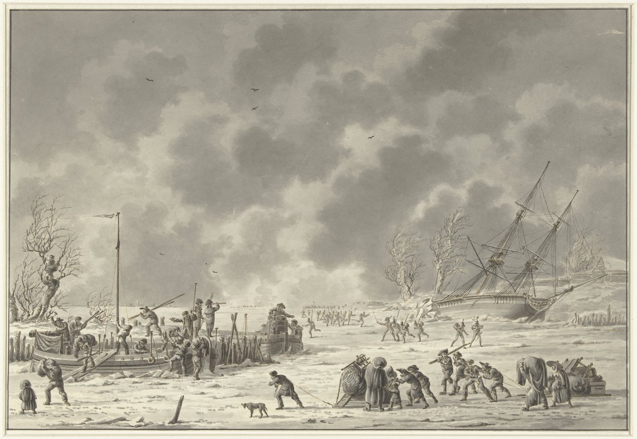 رحلات جوية من الأراضي في تيكسل ، يناير 1795 مغادرة Canonier Booten و Vlugt of the Landzaaten في شهر ديسمبر 1794 (العنوان على الكائن) بواسطة ديرك لانجينديك