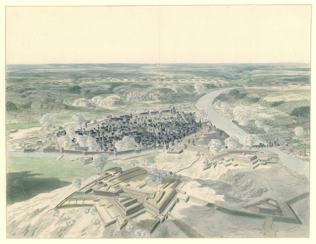 منظر لنامور من الغرب أثناء حصار عام 1695 بواسطة ديرك ماس