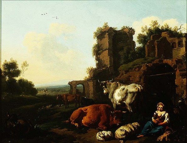 منظر طبيعي مع الراعي ، حوالي 1670 (زيت على لوح) بواسطة ديرك فان بيرجين