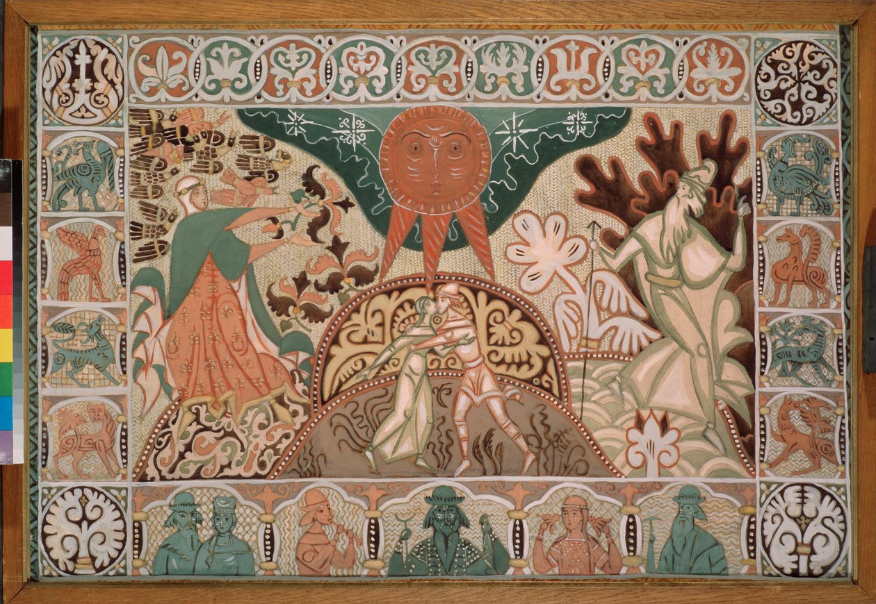 تصميم ستارة المسرح لأوبرا "The Snow Maiden" لنيكولاس (نيكولاي) ريمسكي كورساكوف (ريمسكي كورساكوف) (1844-1908) (تصميم الستارة لأوبرا Snow Maiden بواسطة N Rimsky Korsakov) - عمل دميتري سيميونوفيتش ستيليتسكي (1875-1947) ، اذهب بواسطة ديمتري (دميتريج) (1875 1947) ستيليتسكي
